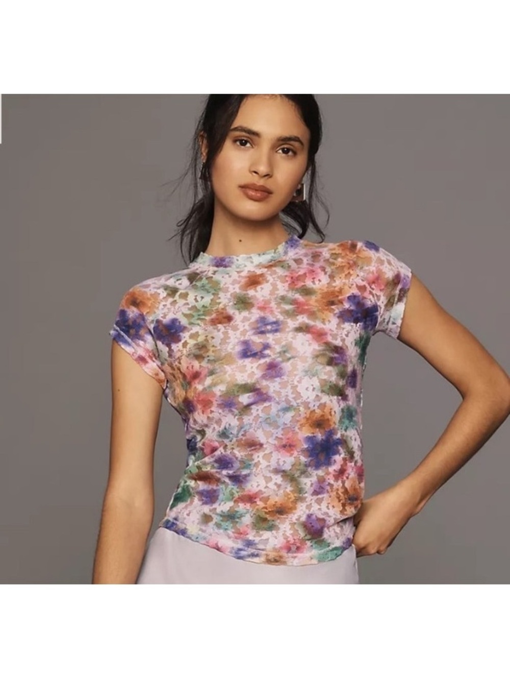 Anthropologie Sheer Lace Multicolor mock neck short sleeve top small